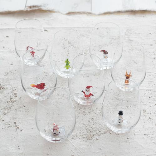 Stemless Wine Glass w/ Holiday Figure Inside (Set of 8)